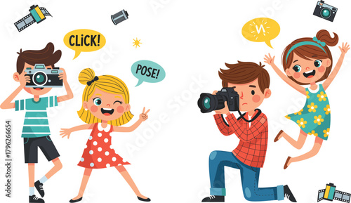 Happy Kids Taking Photos Together in Fun Cartoon Style, Expressive Poses, Colorful Outfits, Outdoor Play, Creative Childhood Photography Scene