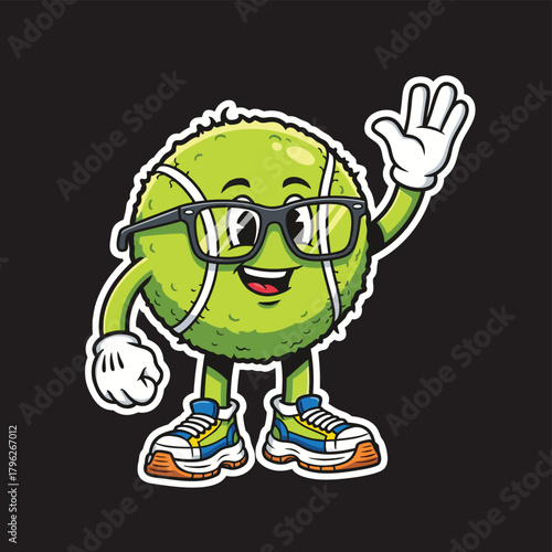 A cheerful cartoon tennis ball mascot with glasses and sneakers waving a gloved hand.