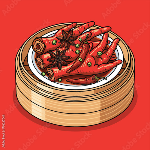 Steamed Chinese dim sum chicken feet with spices in a bamboo basket illustration.