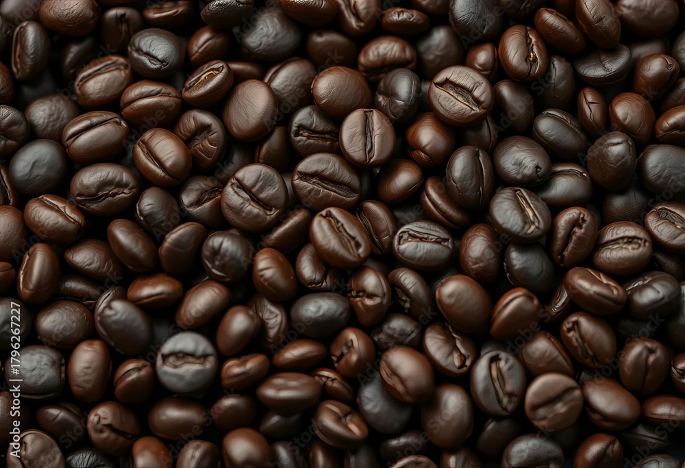 Fototapeta premium Close-up of dark roasted coffee beans, rich brown tones, food background, aroma
