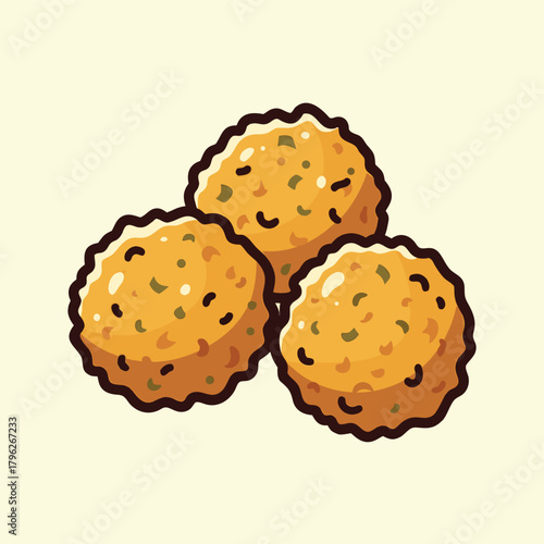 A simple vector illustration of three golden-brown fried falafel balls with herbs, isolated on a light background.