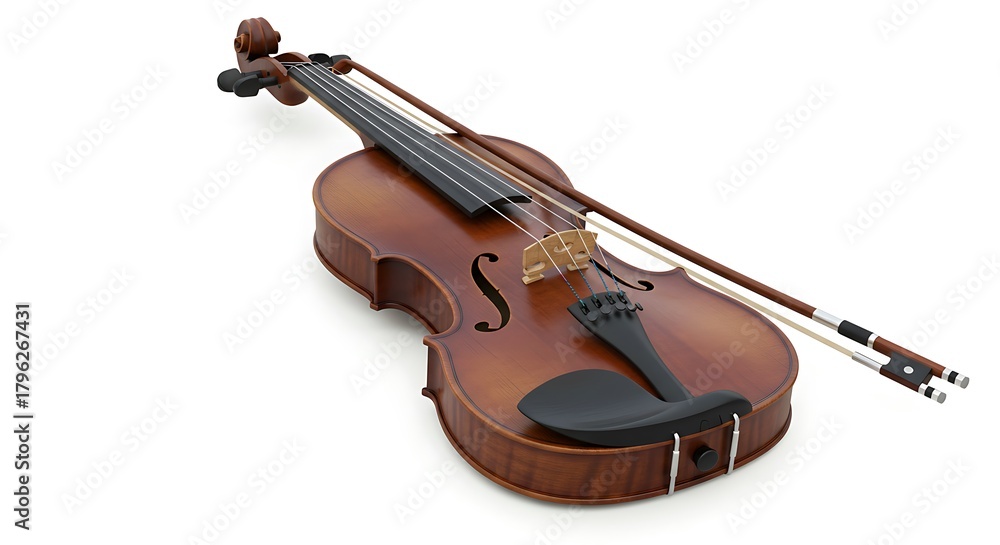 Obraz premium Classical Brown Violin with Bow Isolated on White Background Studio Shot
