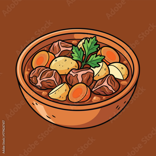 A cartoon illustration of a hearty beef stew with potatoes and carrots in a brown bowl.