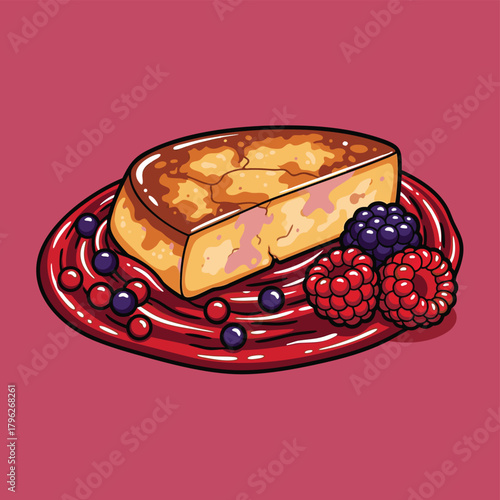 A delicious slice of cheesecake or flan with a vibrant red berry sauce and fresh fruit.