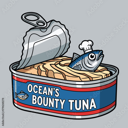 A humorous cartoon illustration of an open can of tuna with a tiny fish wearing a chef's hat.