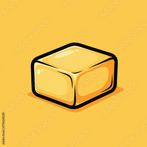 A simple vector illustration of a shiny, yellow block of butter on a matching background.