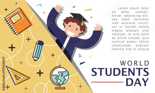 World Students Day Template. A school boy is peeking happily