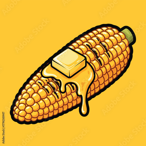 A vibrant graphic illustration of a grilled corn on the cob with a pat of melting butter on a yellow background.