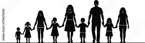 Large happy family holding hands together, parents and children unity, family bonding, love, togetherness, support, parenting, relationship, happiness, connection