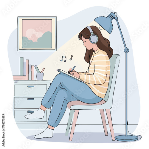 Creative young woman sketching in her notebook with headphones on, enjoying a moment of artistic inspiration and relaxation in her cozy, light-filled home studio