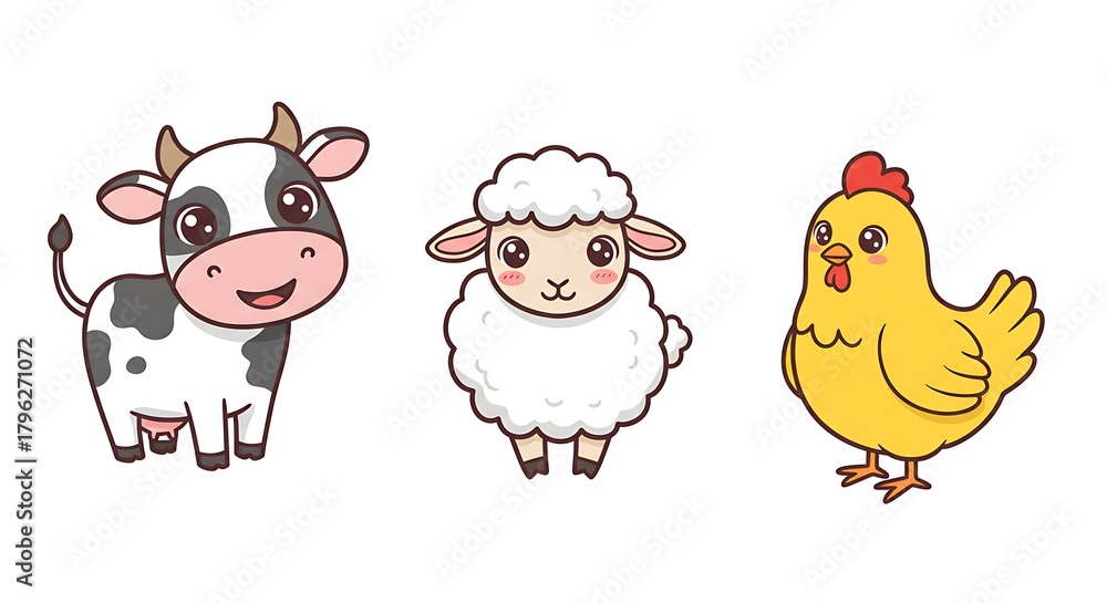 Fototapeta premium Cute Cartoon Farm Animals Cow, Sheep, and Chicken on White Background