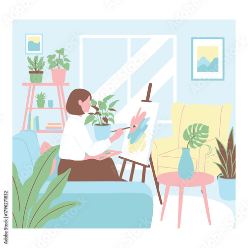 Creative woman painting vibrant abstract art in her sunlit living room studio, finding inspiration and joy in artistic expression for home decor projects