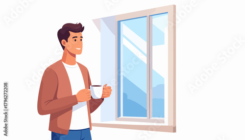 Man enjoying a warm cup of coffee while looking out the window