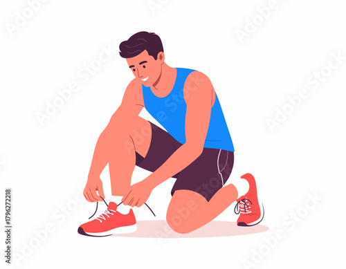 Man tying his athletic shoe laces for a run or workout, preparing for sports activity