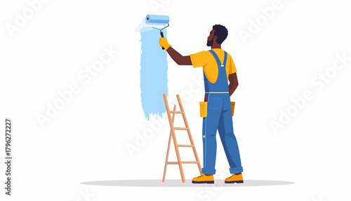 Skilled handyman painting a wall with a roller on a ladder