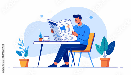 Man Reading Newspaper at Cafe Illustration Leisure and Information