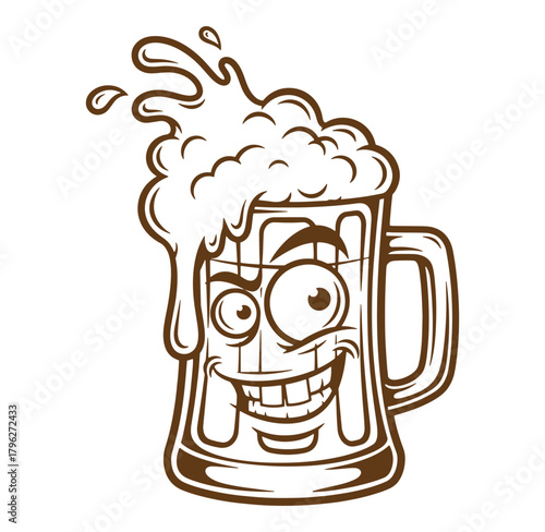 Cartoon illustration of a happy beer mug with overflowing foam and winking eye