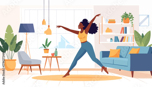 Graceful African American woman dancing ballet in her cozy modern living room, enjoying a home workout and expressing joy through movement