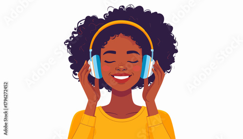 Joyful African American woman with eyes closed, experiencing blissful relaxation while listening to music through vibrant yellow headphones, depicted in a modern vector illustration