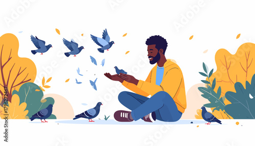 Man feeding birds in a park, vector illustration of a person interacting with nature in a calm setting