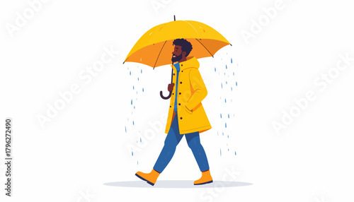 Person Walking in Rain with Yellow Umbrella - Vector Illustration