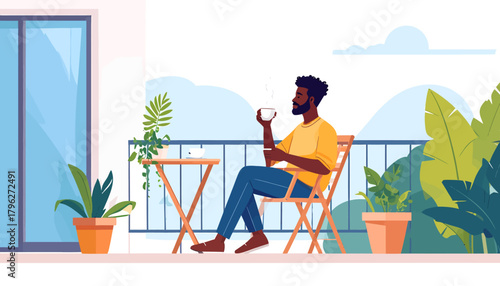Man enjoying a peaceful morning coffee on a balcony surrounded by lush greenery