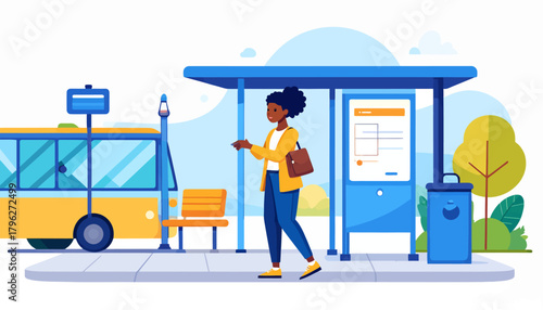 A woman patiently waits at a bus stop on a sunny day, ready for her commute