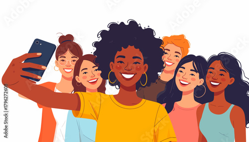 Diverse group of happy young women taking a selfie together, celebrating friendship and connection