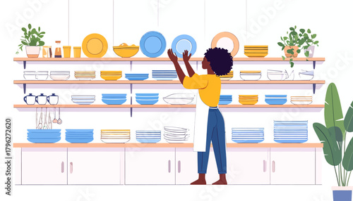 Woman Arranging Dishes on Shelves in a Kitchenware Store Promoting Organization and Shopping