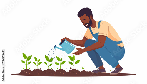 Man Watering Plants Fostering Growth and Nurturing Nature's Seedlings