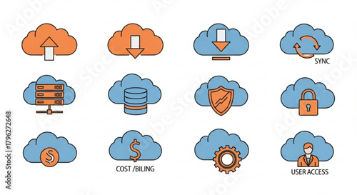Cloud computing icon set collection of linear cloud symbols for data storage, security, cost, and user access in a modern style