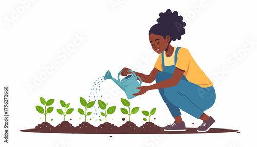 A charming illustration of a young Black woman in overalls joyfully watering a row of fresh seedlings, symbolizing growth, nurturing, and sustainable living