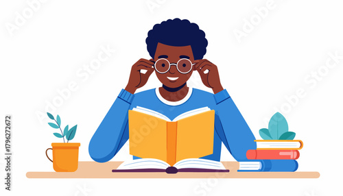Young Man Reading Book A Vector Illustration of Education and Learning with Glasses
