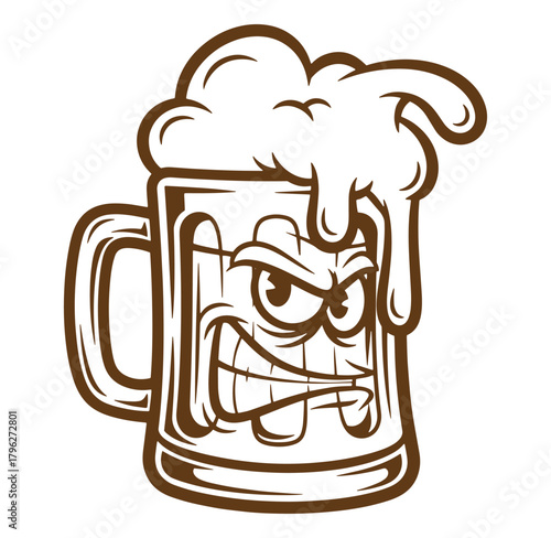 Cartoon illustration of an angry beer mug with overflowing foam and gritted teeth