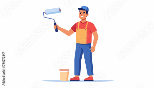 Painter painting the wall with a roller and bucket, vector illustration