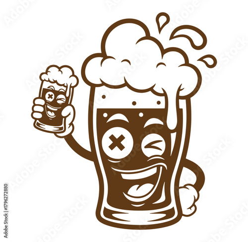 Cartoon mascot of a smiling beer mug holding up another beer for celebration
