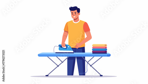 Man ironing clothes on an ironing board, with a stack of folded garments on the side