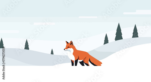 Stylized illustration of a fox in a snowy winter landscape with evergreen trees