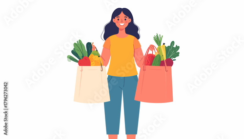 Woman Holding Grocery Bags Filled with Fresh Produce A Healthy Lifestyle Illustration