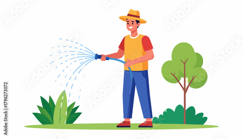 Cheerful Man in a Straw Hat Joyfully Waters His Lush Garden, Tending to Green Plants and Bushes with a Hose in a Bright Outdoor Scene
