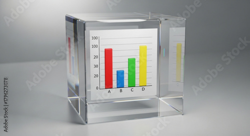 Colorful bar graph inside a transparent cube, representing data visualization, business analytics, and statistical analysis for presentations and reports