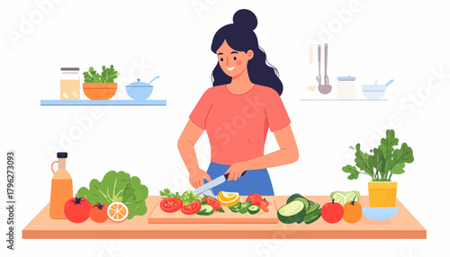 Woman Preparing Healthy Salad Slicing Vegetables on Cutting Board in Kitchen