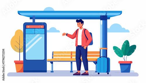 Young man with luggage patiently waits at a modern city bus stop, checking his watch for public transportation, depicted in a vibrant flat illustration, representing urban travel