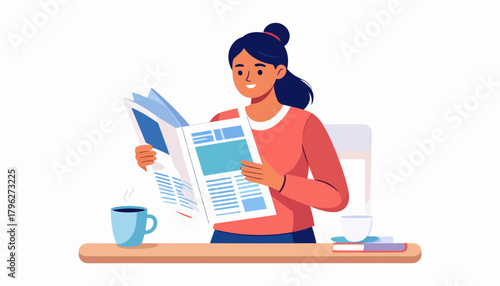 A woman enjoys a cup of coffee while reading the morning newspaper, a peaceful start to her day