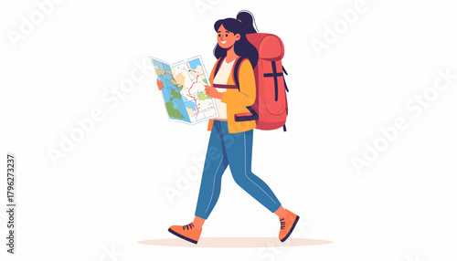 Woman with backpack exploring and reading a map during a travel adventure