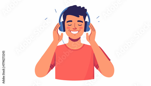 Happy young man with a joyful smile listening to his favorite music or podcast on blue headphones, feeling relaxed and content