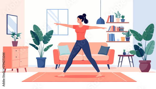 Young woman practicing yoga in a cozy living room, embracing a healthy lifestyle with a home fitness routine