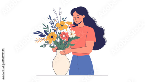 A happy young woman with long hair carefully arranging a beautiful bouquet of colorful flowers in a vase as a pleasant hobby