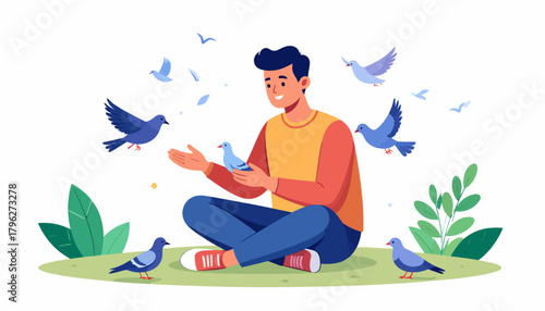 Kindness and compassion A person's gentle connection with a group of birds in a peaceful nature setting