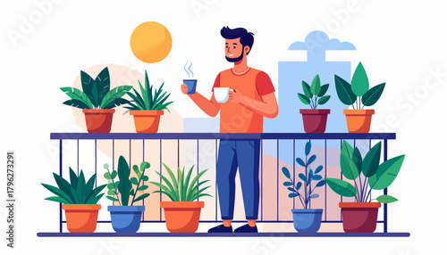Relaxed man enjoying a peaceful morning coffee on his vibrant urban balcony garden, surrounded by lush potted plants under a sunny sky